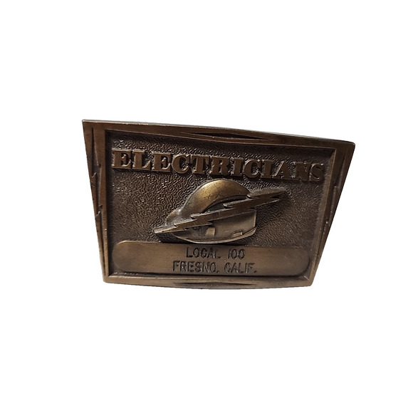 Vtg K & M Industries Electricians Bronze Local 100 Fresno Ca Belt Buckle - Picture 1 of 5